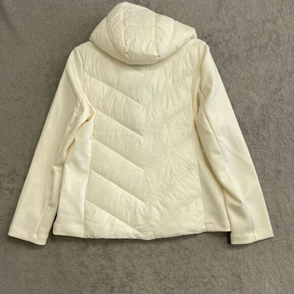 DKNY Women's L Hooded Quilted Jacket With Black Zipper Pockets Ivory i1712 - Picture 3 of 10